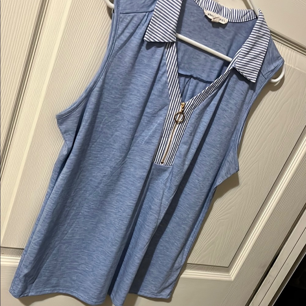 Blue Sleeveless Top with Striped Collar